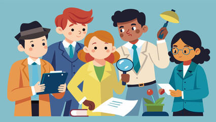 A group of young detectives put their critical thinking skills to the test with a forensic science kit sharing their observations and theories as they. Vector illustration