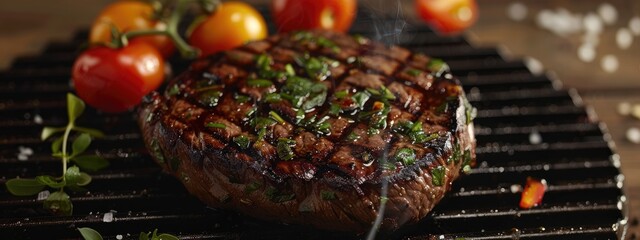 Sizzling Steak, Grill Marks, Fresh Herbs, Colorful Vegetables