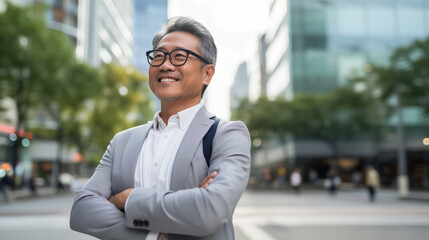 Confident happy smiling mature Asian businessman standing in the city, wearing gray business suit