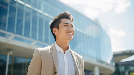 Confident happy smiling young Asian businessman standing in the city, wearing gray business suit