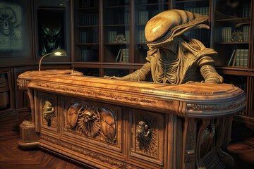 Peculiar Alien testifying cabinet. Ufo grey monster. Generate Ai