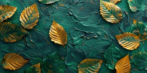 Gold and green leaves on textured background, closeup. The golden shimmer of the gold leafs contrasts with the deep patterned texture.