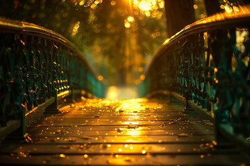 Golden hour sunlight casting a warm glow on a decorated bridge.