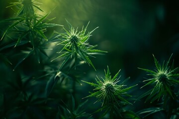 Close-up of thistle plants illuminated by a soft glow in a dark, mysterious green setting