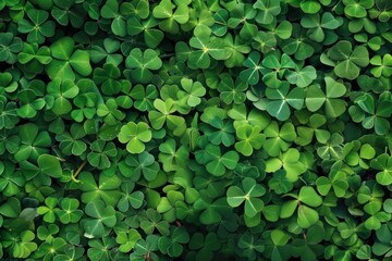 Close-up view of a lush, dense field of green clover, filling the frame with vibrant shades of green and subtle highlights where sunlight touches the leaves. nature, growth, and luck.