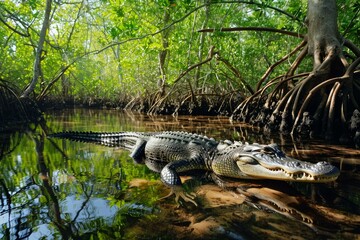 Hard Alligator head. Tropical reptile wild. Generate Ai