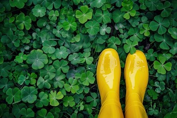 Top view of shiny yellow rain boots on a vibrant green clover field, emphasizing a theme of spring or outdoor exploration.