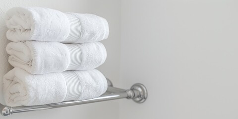 A neat stack of clean white towels arranged on a chrome towel rack against a soft textured wall, symbolizing cleanliness and order in a modern bathroom setting.