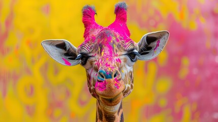   A close-up of a giraffe's face with pink and yellow paint on its face