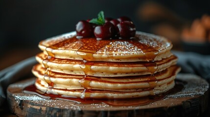   A stack of pancakes atop a wooden plate, drizzled with syrup and adorned with cherries