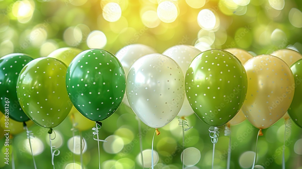 Poster a row of green and white balloons in front of a book of green and white balloons on a string