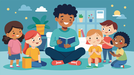 A group of kids in a hospital playroom experience a digital storytime together as a volunteer reads to them from a tablet lifting their spirits and. Vector illustration