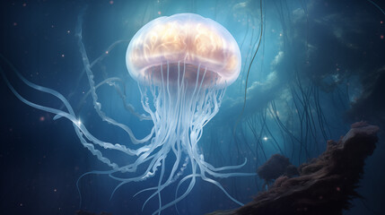 Transparent jellyfish with pulsating bell swims in blue water, likely in the sea or an aquarium