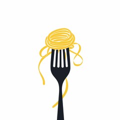 spaghetti on black fork on white background