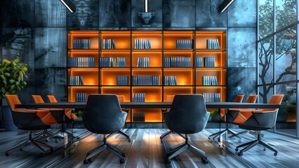 Virtual background with bookcase shelf in office conference room with windows. Concept Office, Bookcase Shelf, Conference Room, Windows, Virtual Background