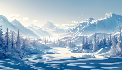 Amazing landscape view of a sunlit tundra, portrayed in paper cut styles to highlight its stark and pristine beauty