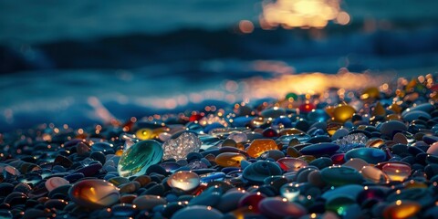 a beach is covered with colorful glass pebbles, and the moonlight shines on them from above