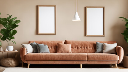 Living room with brown sofa, fluffy, beige carpet, lamp, mock-up poster frame, plant and coffee table, greenery architecture