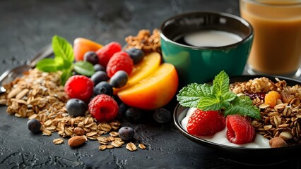 A healthy breakfast spread with yogurt muesli fruit granola juice and coffee. Concept Breakfast Spread, Healthy Choices, Yogurt Muesli, Fresh Fruit, Granola, Morning Nourishment, Energizing Juice