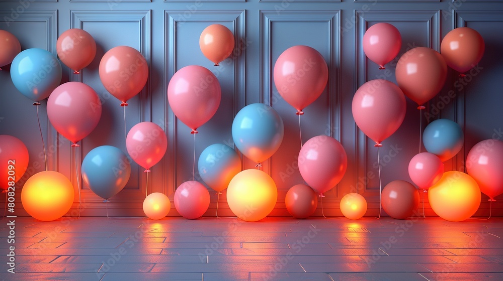 Poster a number of balloons floating near a wall in the air, with another group floating close by