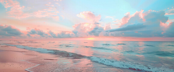 Naklejka premium A symphony of coral pink and ocean blue blending softly, like a tranquil sunset painting the sky with gentle hues.