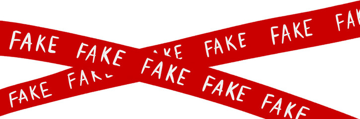 Red ribbon with inscription FAKE, hand-drawn, clipart on transparent background