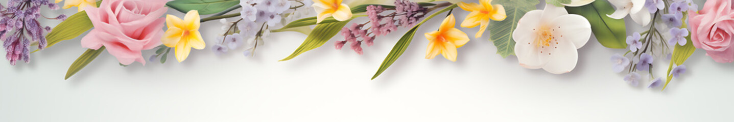 Spring composition banner on light background with spring flowers