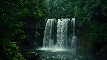 Waterfall in lush green British Columbia forest exemplifies Pacific Northwest natural beauty. Concept Nature Photography, Waterfall, Pacific Northwest, British Columbia, Lush Green Forest,