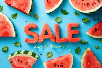 Bright red watermelon slices arranged on a light blue background spelling "SALE", surrounded by mint leaves and watermelon seeds.
