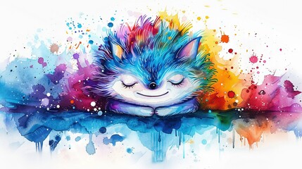   Watercolor depicts a tiny animal asleep atop a water's edge
