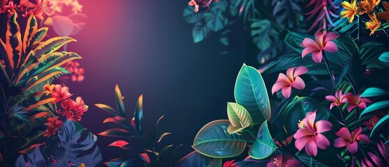 Colorful Glow HUD icon of an exotic garden, showcasing vibrant flowers and plants, illustrated in retro styles, banner template sharpen with copy space