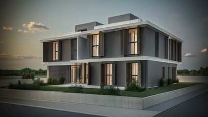 Modern two-story house at dusk with illuminated windows and exterior lighting, contemporary architecture.