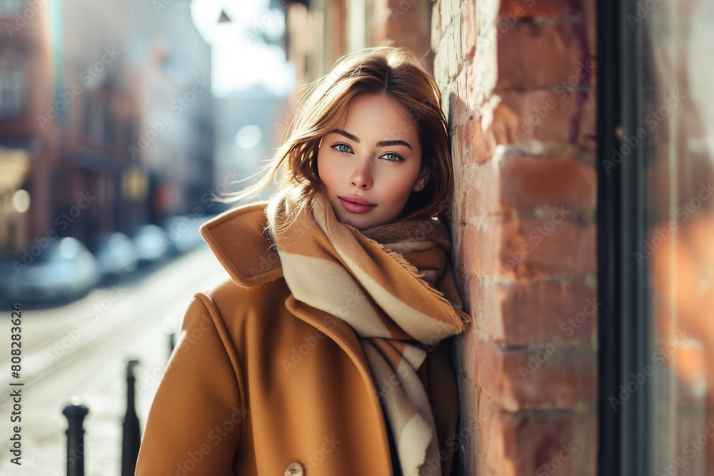 Wall mural Cheerful woman in jacket with scarf leans on brick wall