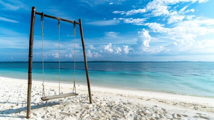 Idyllic seaside swing on a sunny day, evoking feelings of relaxation and escape, suitable for travel and wellness content.
