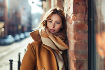 Cheerful woman in jacket with scarf leans on brick wall