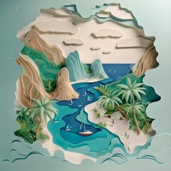 Creative amazing view of a remote archipelago, using paper art styles to craft a detailed and textured visual experience