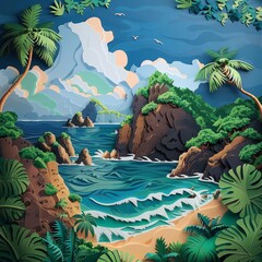 Creative amazing view of a remote archipelago, using paper art styles to craft a detailed and textured visual experience