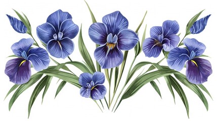   Bouquet of blue flowers on white background, painted in watercolor by hand and isolated on a pure white background