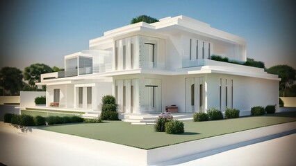 Fototapeta premium Modern luxury villa with white facade and green lawn at dusk.