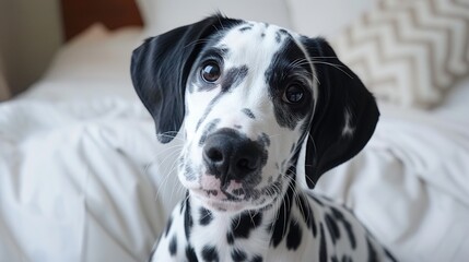   A Dalmatian dog in black and white, sitting on a bed and gazing solemnly at the camera