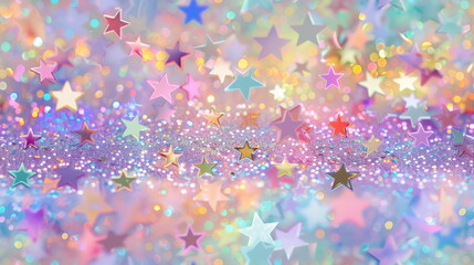 Seamless pattern. Colorful star confetti on a glittery background, perfect for festive decorations and joyful themes.