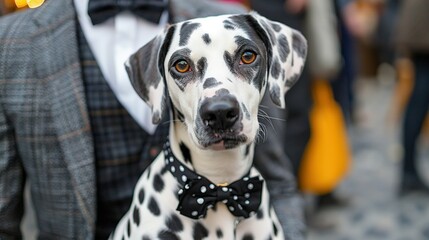   A Dalmatian dog in a black-and-white polka-dot bowtie stands before a man in a suit in the background