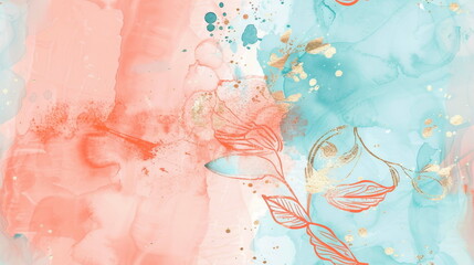 Seamless pattern. Ethereal watercolor background with coral and turquoise hues and golden leaf motifs.