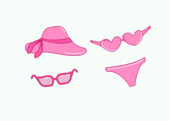 Set of pink beach accessories. Sunglasses, swimsuit, hat. Drawn icons, doodle. Summer holiday at sea, vacation. Vector illustration on isolated background.