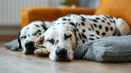   A Dalmatian dog resting on the floor with its head on an adjacent pillow near its owner's feet