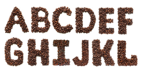Edible alphabet made from coffee beans. Letters A to L on isolated white background