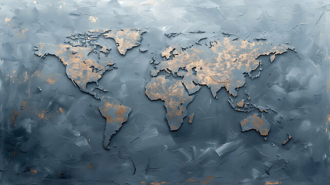 A grayscale world map crafted from metallic materials, embodying an industrial aesthetic, illustrating global connectivity and the interplay between geography and modernity