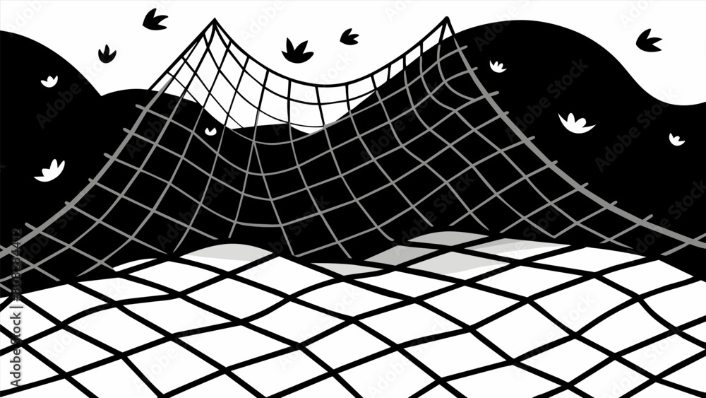 Poster thick black netting pulled taut over the entire site creating a clear boundary and keeping objects f