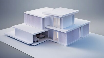 Modern minimalist house model with garage on a plain background, showcasing architectural design and simplicity.