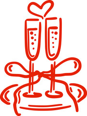 Champagne flute glasses with bow in a whimsical hand-drawn style. Isolated illustration in red color. Alcoholic drinks. Suitable for wedding invitations, posters, banners